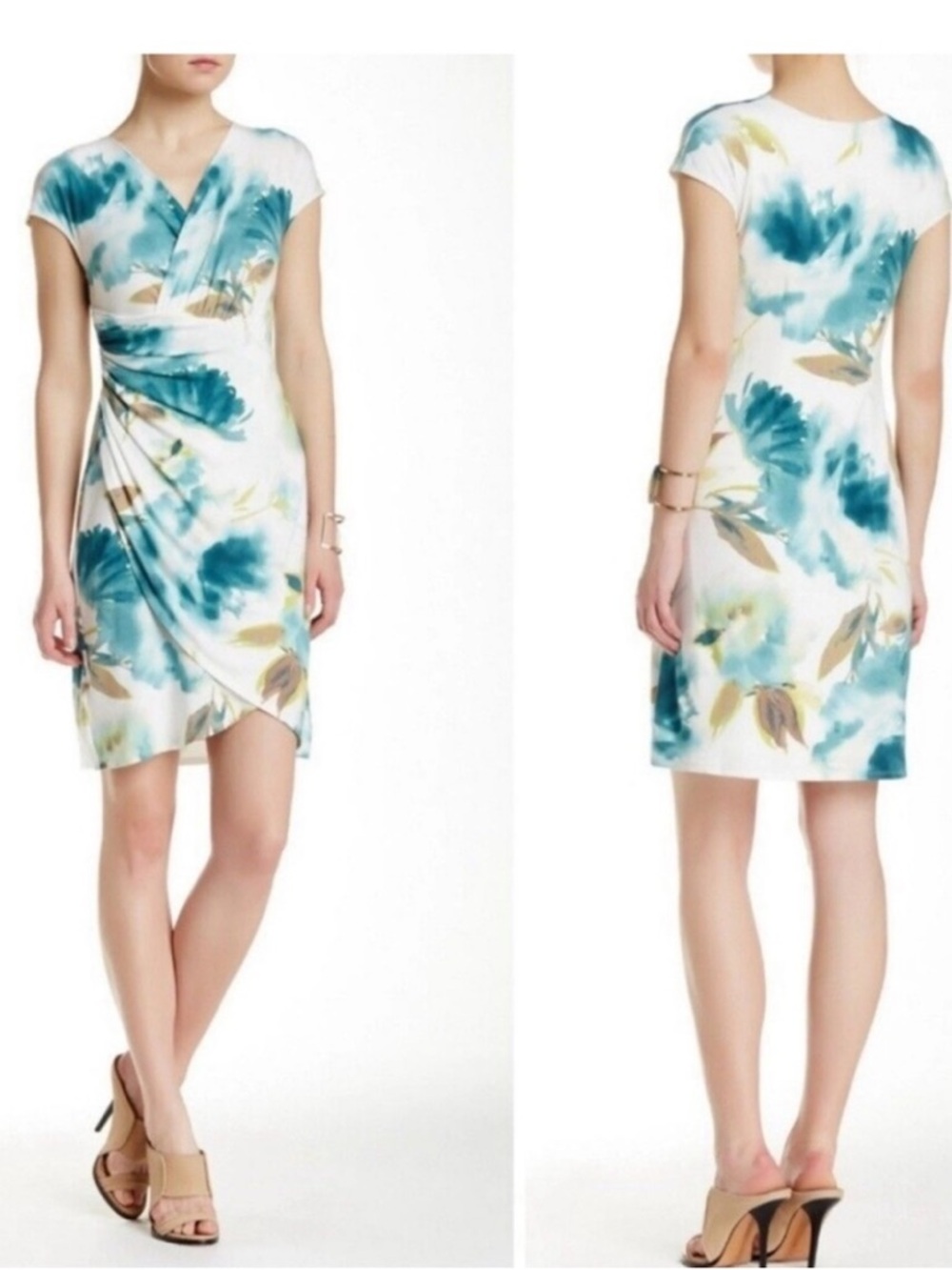 Tommy Bahama White, Teal, Green Floral Faux Wrap Ruched Dress Fully Lined 
-XXS - Picture 2 of 11